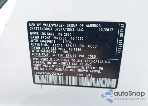 2018 Volkswagen Atlas 2.0T S из США, поврежденный, VIN 1V2AP2CA6JC532528